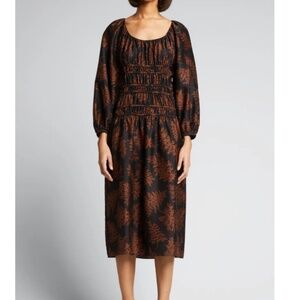 Rebecca Taylor Arden Fern Black & Rust Silk Midi Dress Size XL